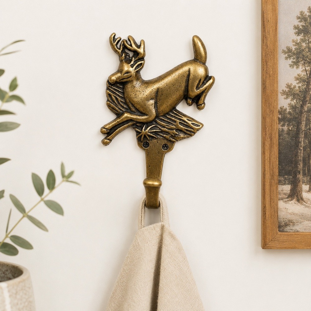 Vtg Belwith Solid Brass Leaping‎ Deer Buck Wall Hook Rustic Lodge Cabin NEW
